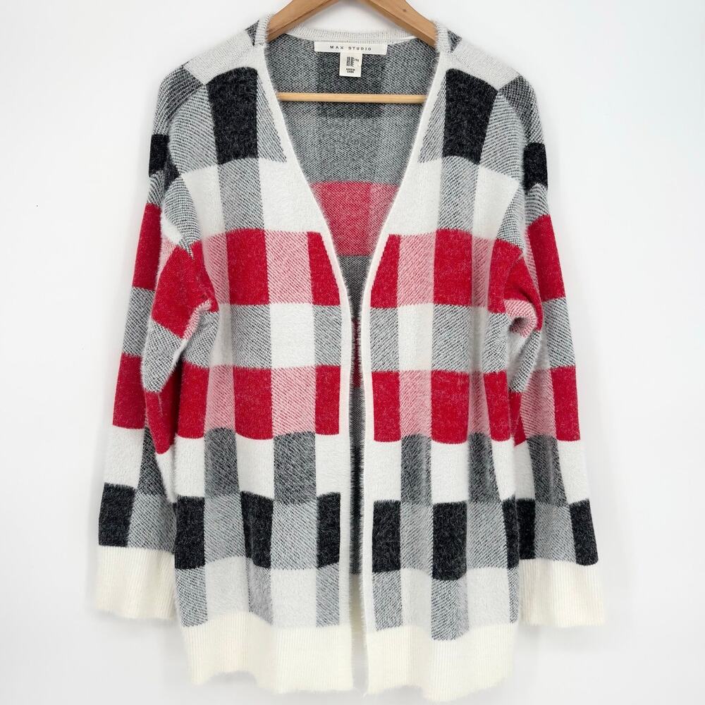 Max Studio Black and Red Checkered Fuzzy Open Front Cardigan Size XL